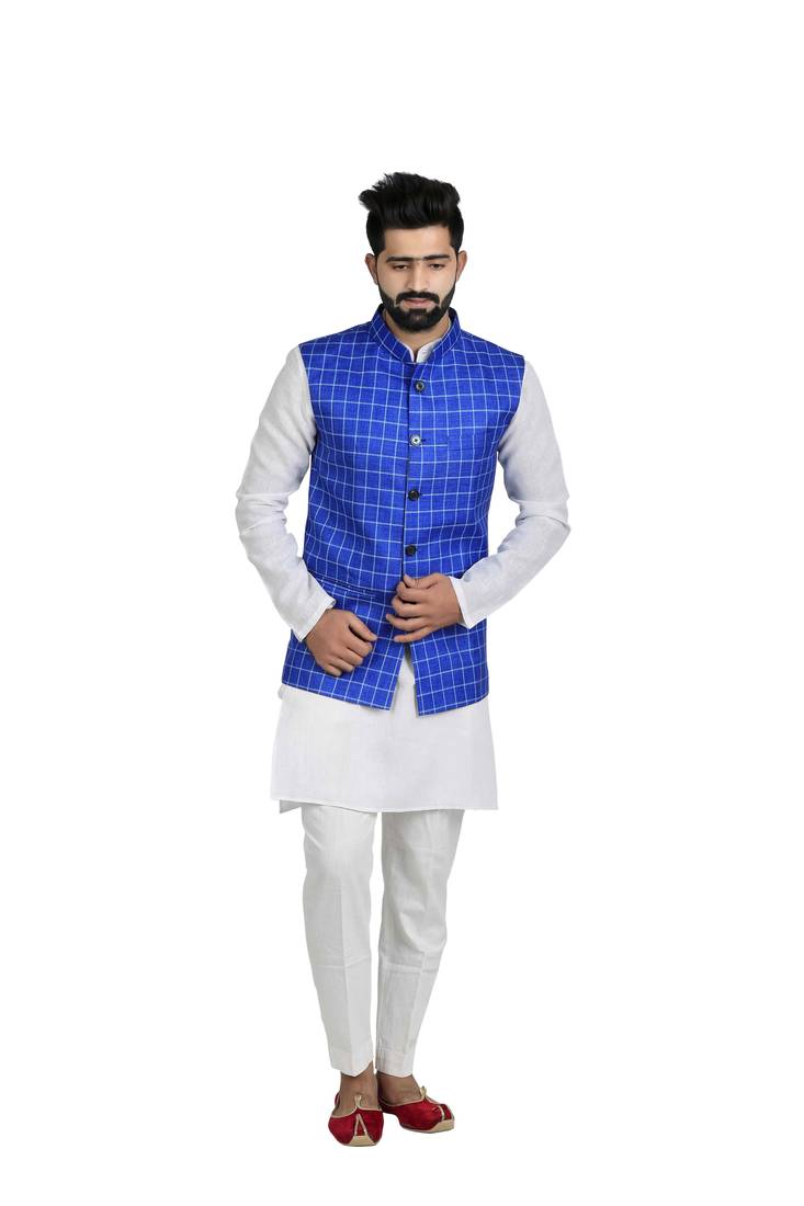 Blue Jute Printed Nehru Style Jacket