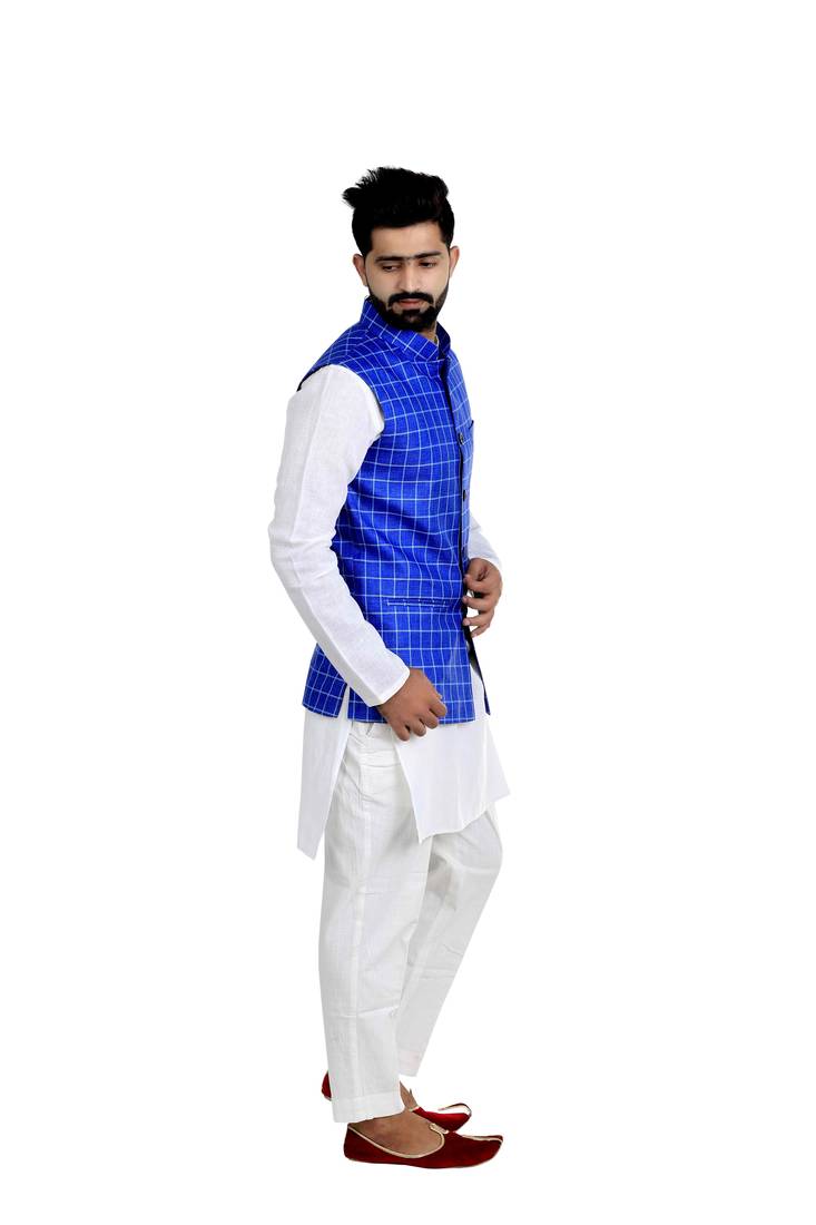 Blue Jute Printed Nehru Style Jacket