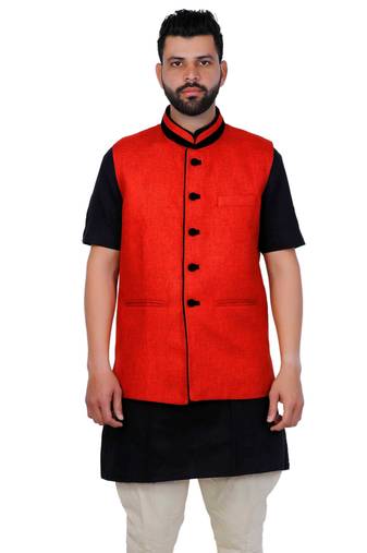 Red Jute Printed Nehru Style Jacket