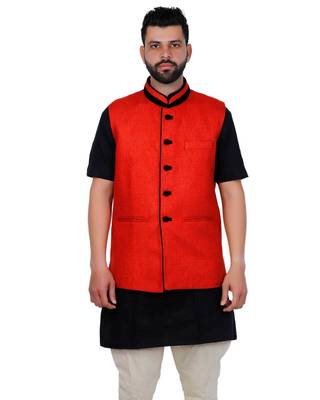 Red Jute Printed Nehru Style Jacket 1