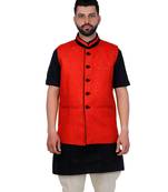 Red Jute Printed Nehru Style Jacket