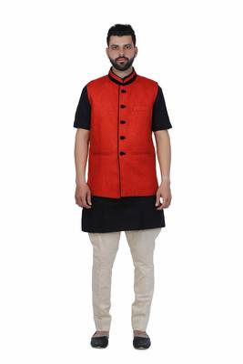 Red Jute Printed Nehru Style Jacket 2