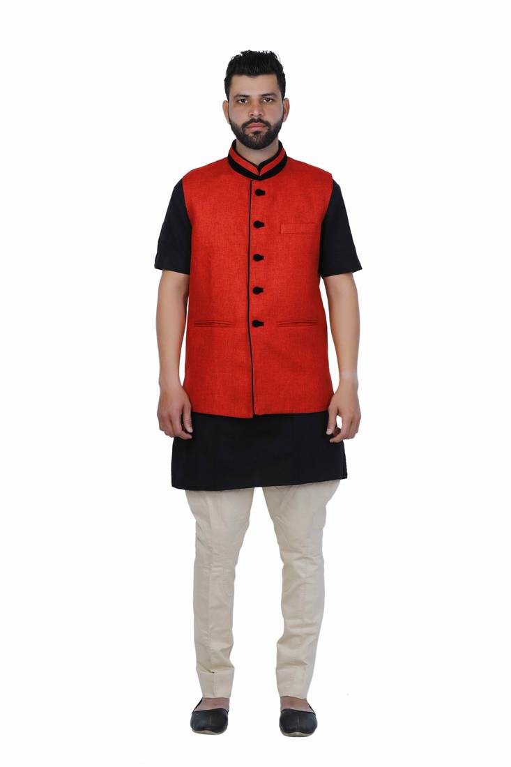 Red Jute Printed Nehru Style Jacket