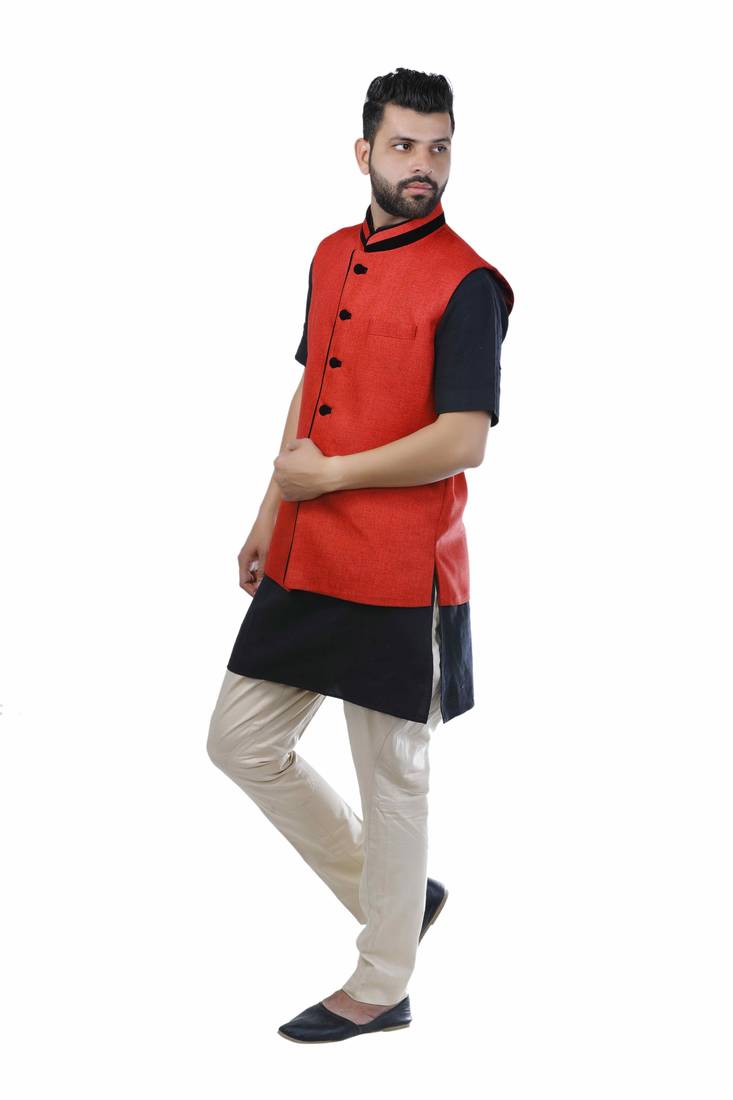 Red Jute Printed Nehru Style Jacket