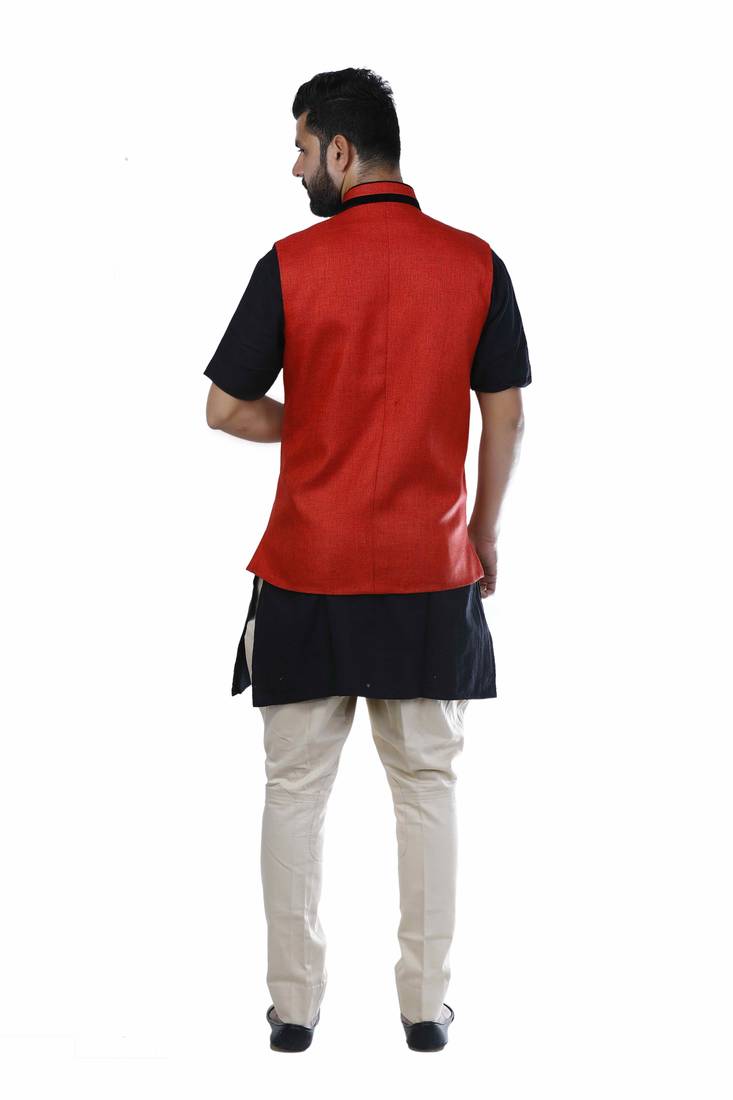 Red Jute Printed Nehru Style Jacket