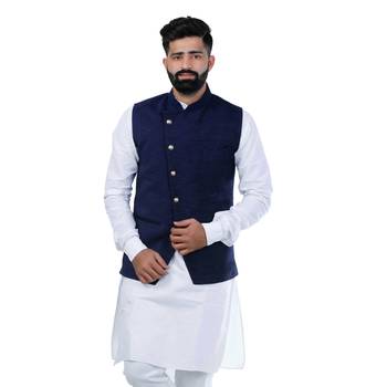 Blue Velvet Printed Nehru Style Jacket 1