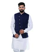 Blue Velvet Printed Nehru Style Jacket