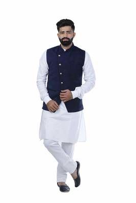 Blue Velvet Printed Nehru Style Jacket 2