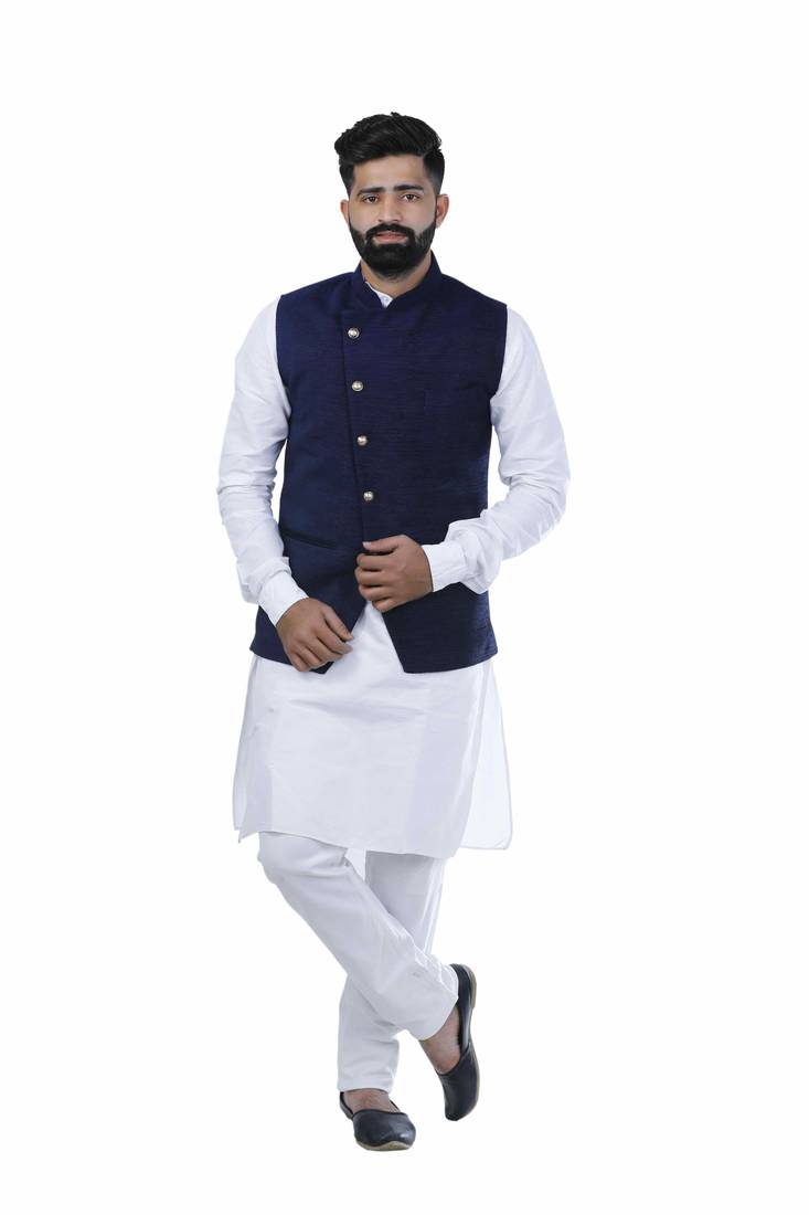 Blue Velvet Printed Nehru Style Jacket