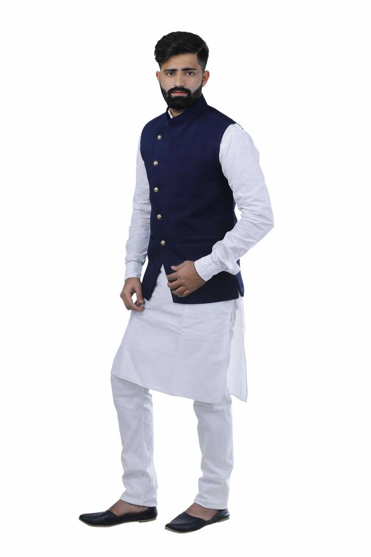 Blue Velvet Printed Nehru Style Jacket