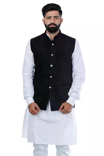 Black Velvet Printed Nehru Style Jacket