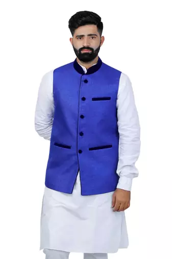 Blue Jute Printed Nehru Style Jacket