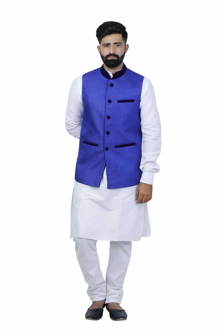 Blue Jute Printed Nehru Style Jacket