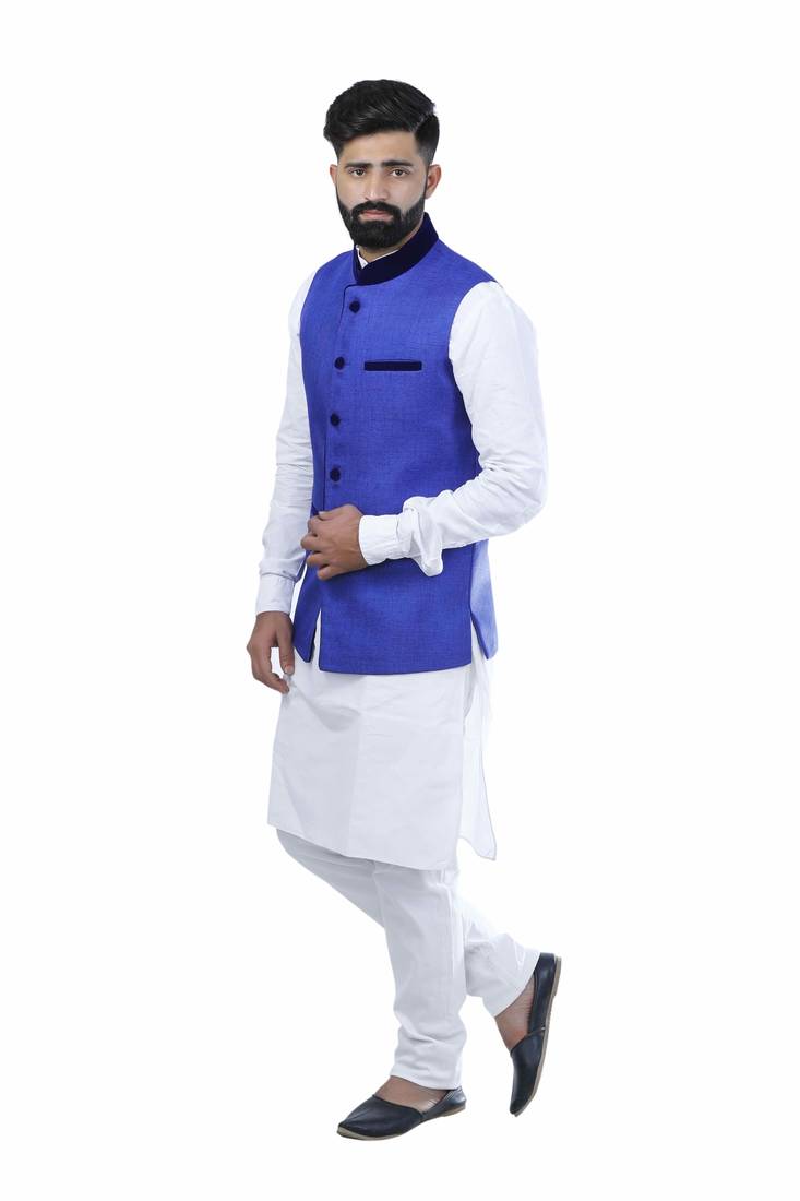 Blue Jute Printed Nehru Style Jacket