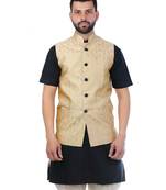 Beige Dupion Silk Printed Nehru Style Jacket
