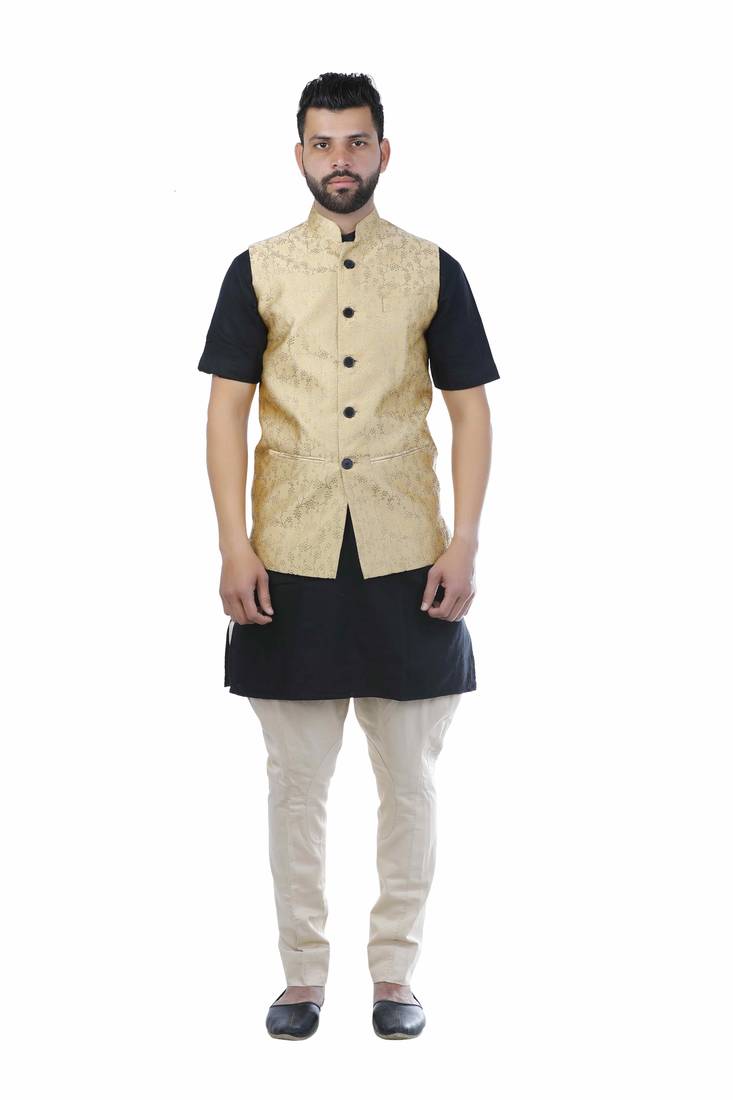 Beige Dupion Silk Printed Nehru Style Jacket