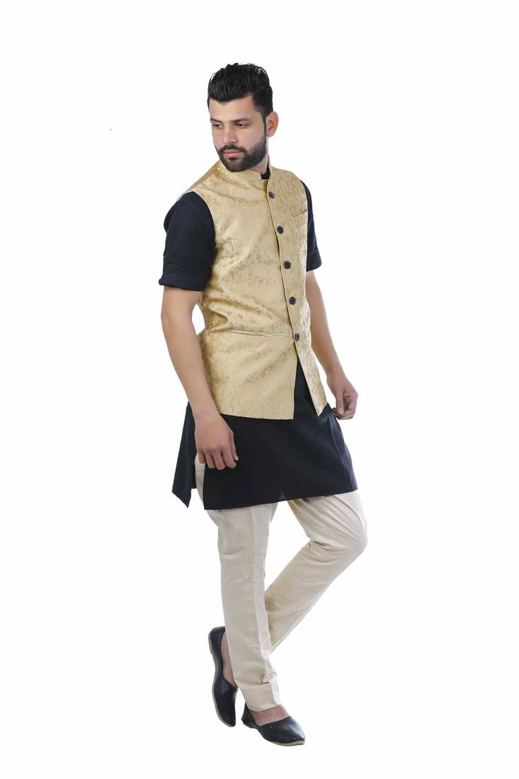 Beige Dupion Silk Printed Nehru Style Jacket