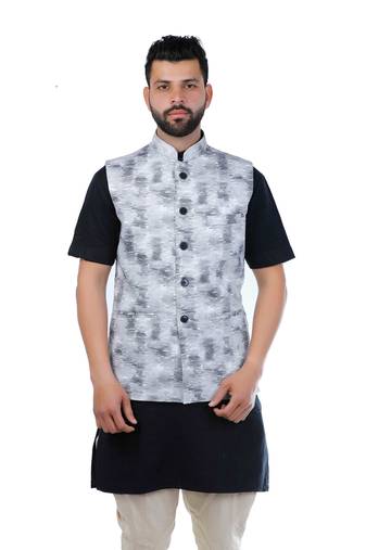 Black Cotton Printed Nehru Style Jacket