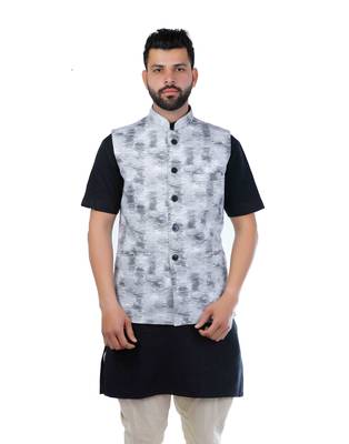 Black Cotton Printed Nehru Style Jacket 1