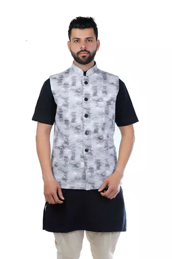 Black Cotton Printed Nehru Style Jacket