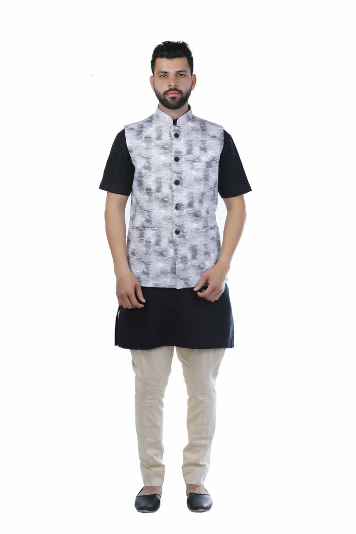 Black Cotton Printed Nehru Style Jacket