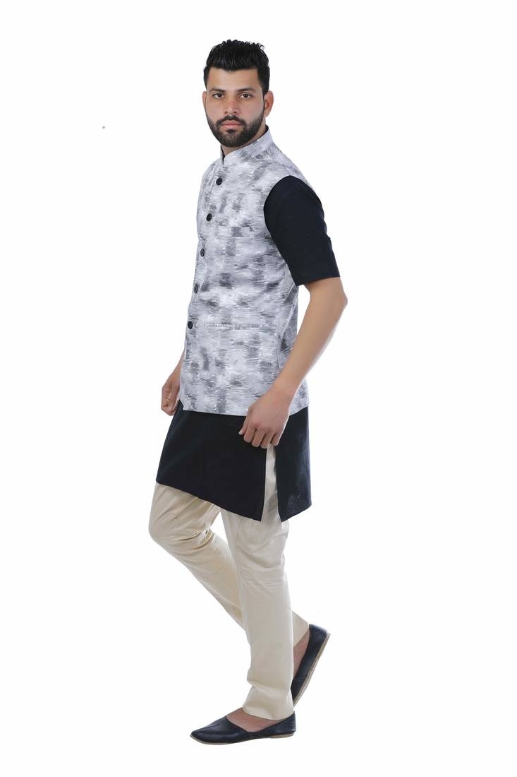 Black Cotton Printed Nehru Style Jacket