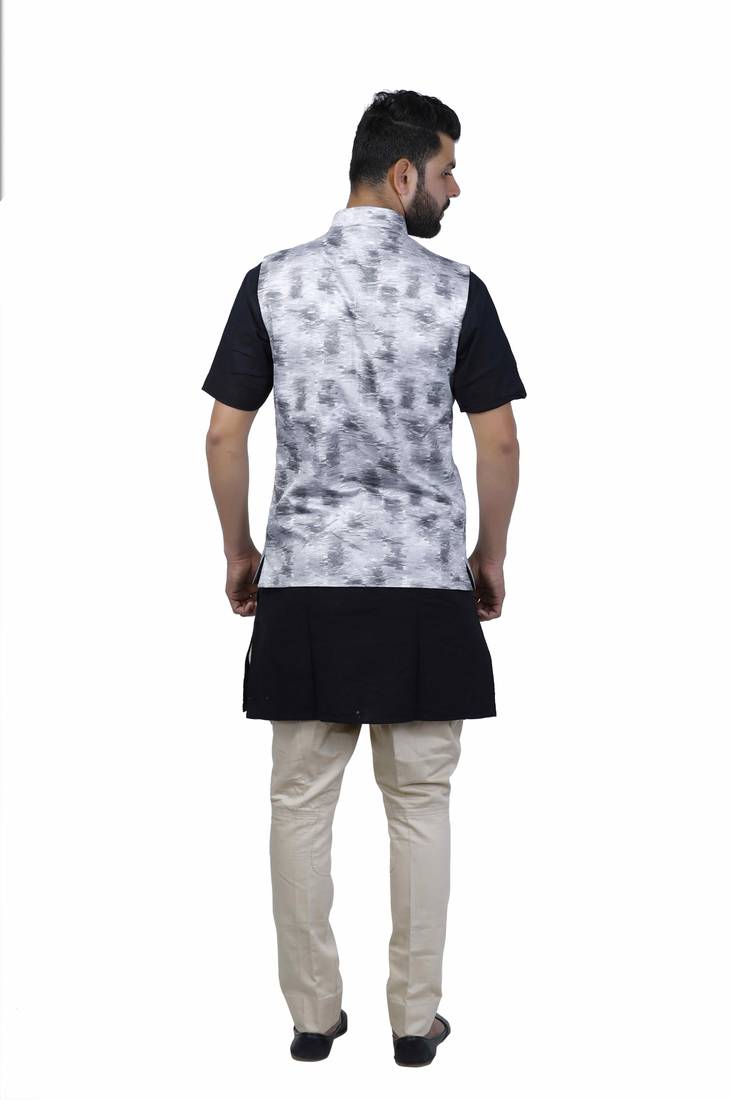 Black Cotton Printed Nehru Style Jacket