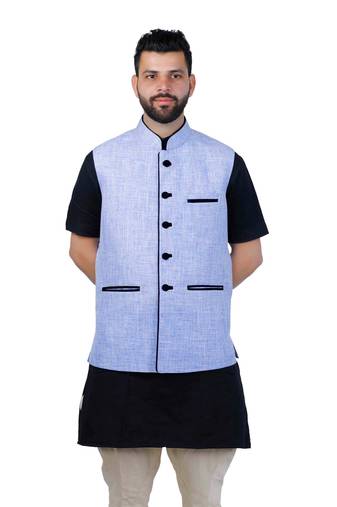 Blue Jute Printed Nehru Style Jacket