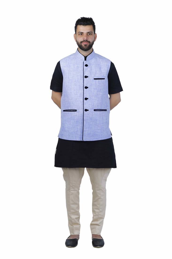 Blue Jute Printed Nehru Style Jacket
