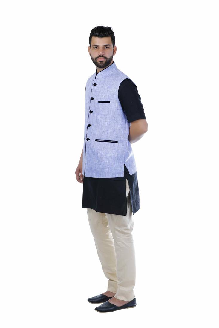 Blue Jute Printed Nehru Style Jacket