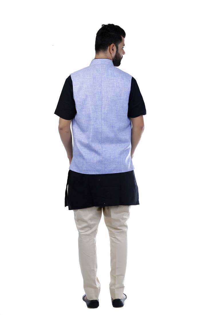 Blue Jute Printed Nehru Style Jacket