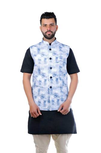 Blue Cotton Printed Nehru Style Jacket