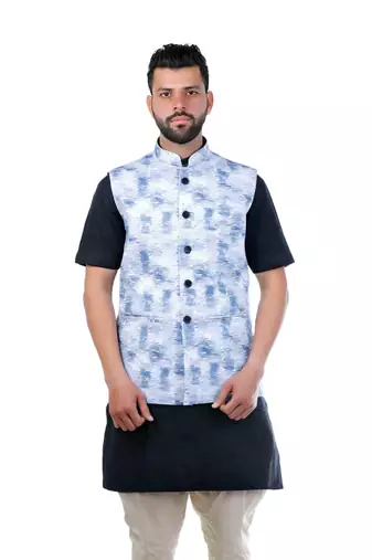 Blue Cotton Printed Nehru Style Jacket