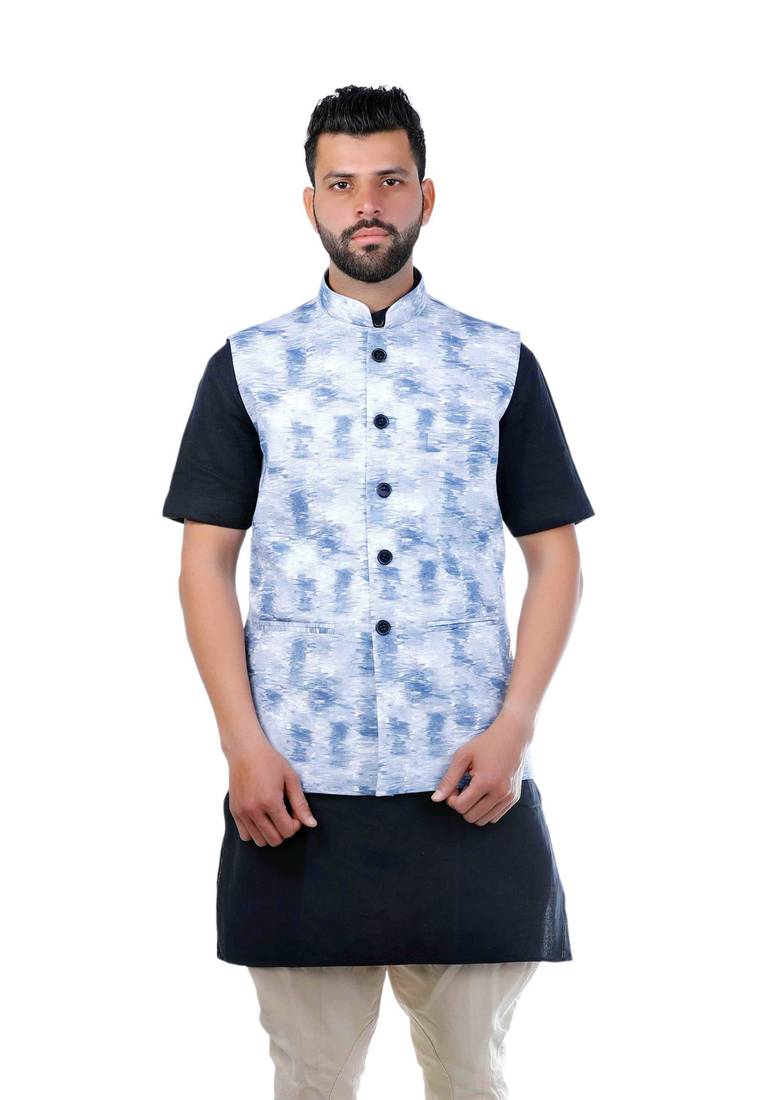 Blue Cotton Printed Nehru Style Jacket