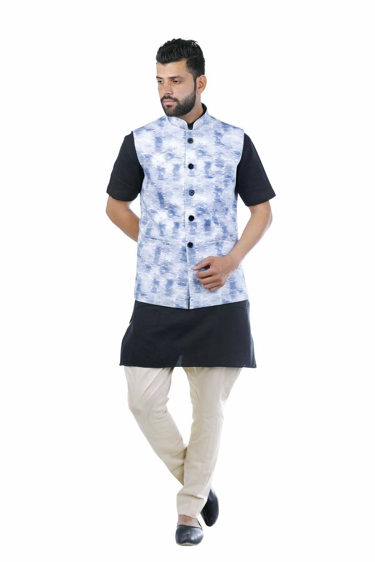 Blue Cotton Printed Nehru Style Jacket