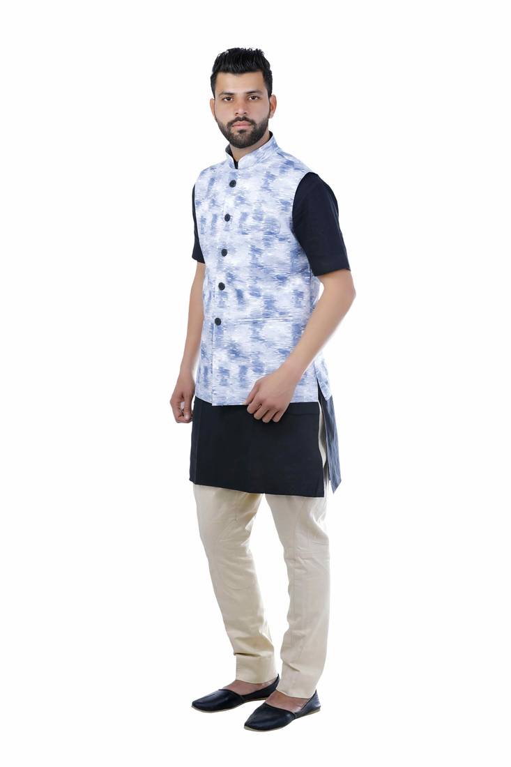 Blue Cotton Printed Nehru Style Jacket