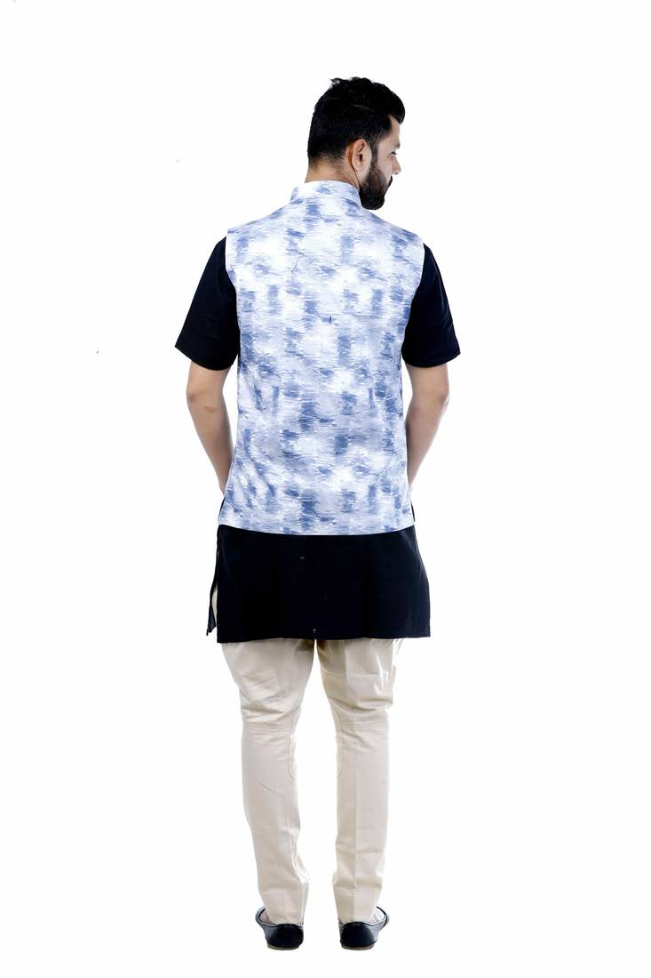 Blue Cotton Printed Nehru Style Jacket
