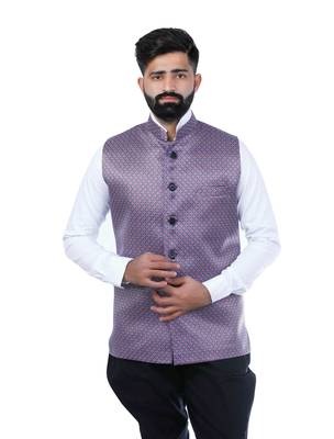 Purple Satin Printed Nehru Style Jacket 1