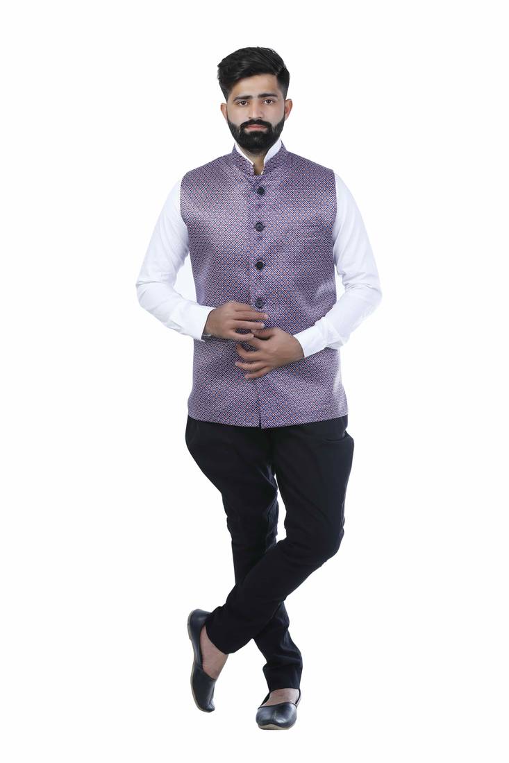 Purple Satin Printed Nehru Style Jacket