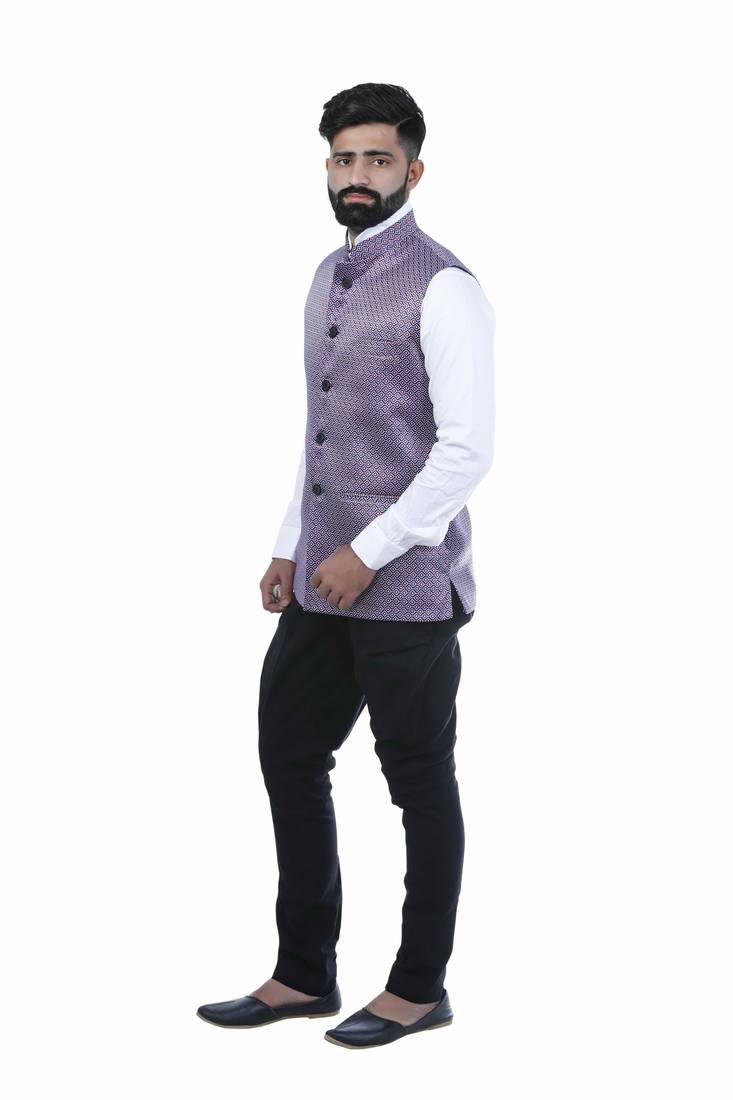 Purple Satin Printed Nehru Style Jacket