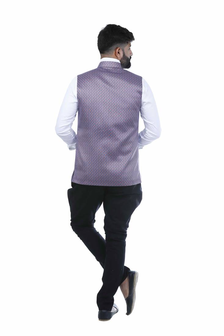 Purple Satin Printed Nehru Style Jacket