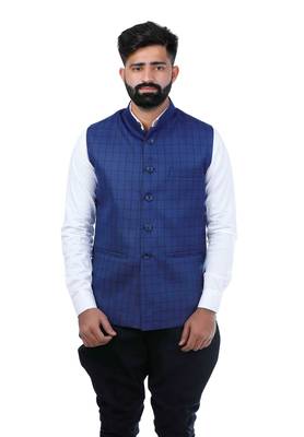 Blue Cotton Poly Printed Nehru Style Jacket 1