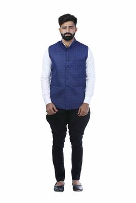 Blue Cotton Poly Printed Nehru Style Jacket 2