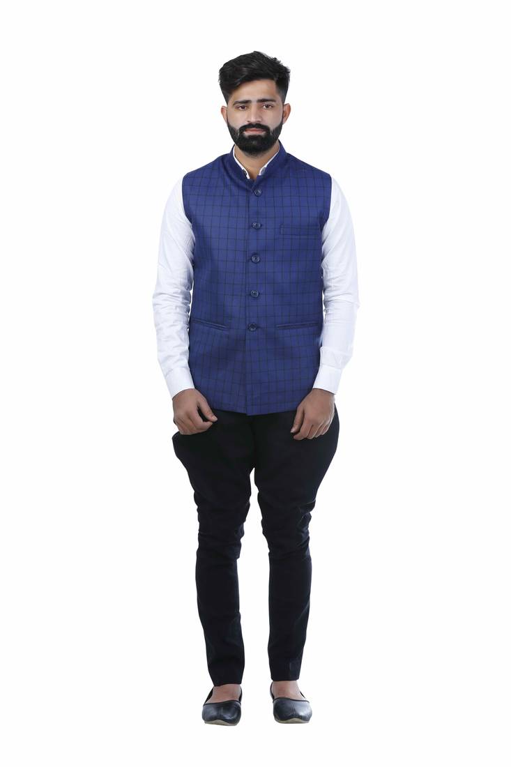 Blue Cotton Poly Printed Nehru Style Jacket