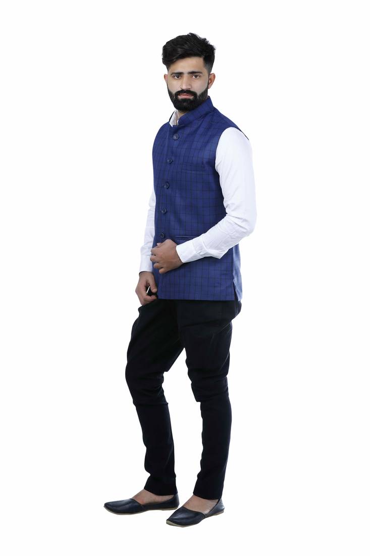 Blue Cotton Poly Printed Nehru Style Jacket