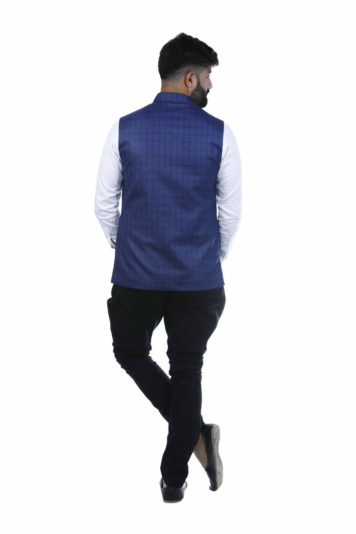 Blue Cotton Poly Printed Nehru Style Jacket