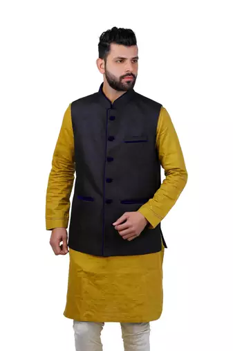 Black Jute Printed Nehru Style Jacket