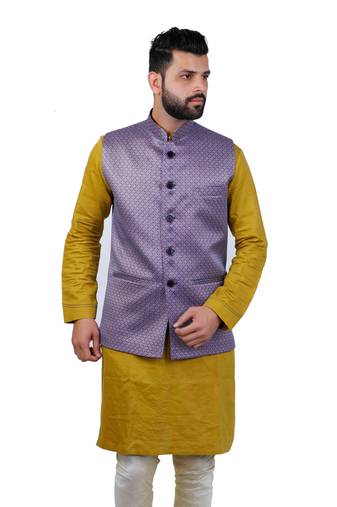 Purple Satin Printed Nehru Style Jacket