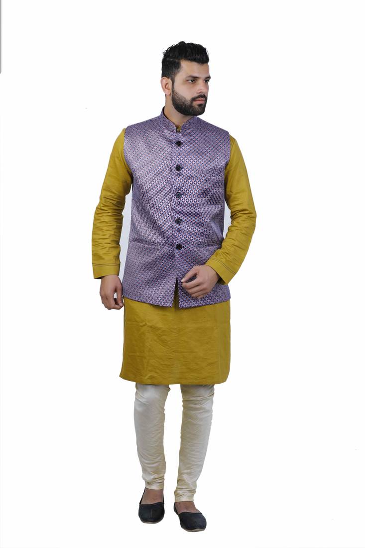 Purple Satin Printed Nehru Style Jacket