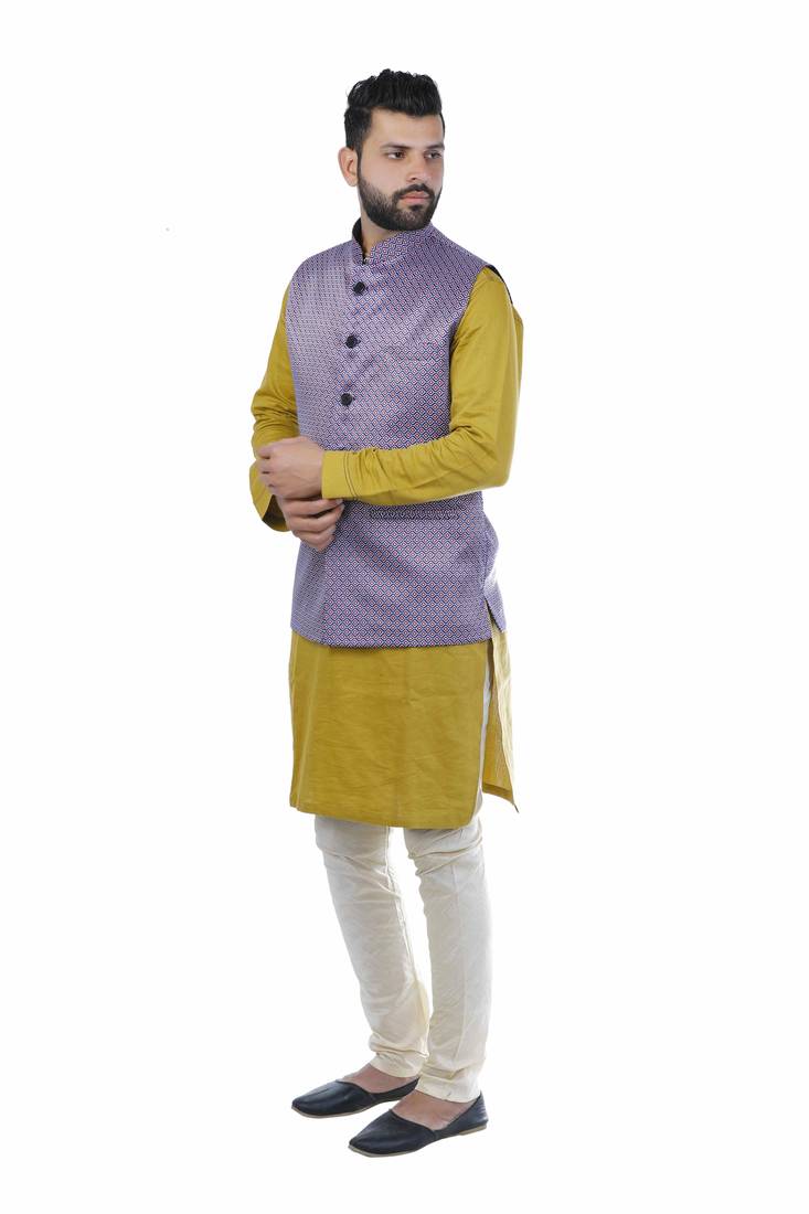 Purple Satin Printed Nehru Style Jacket